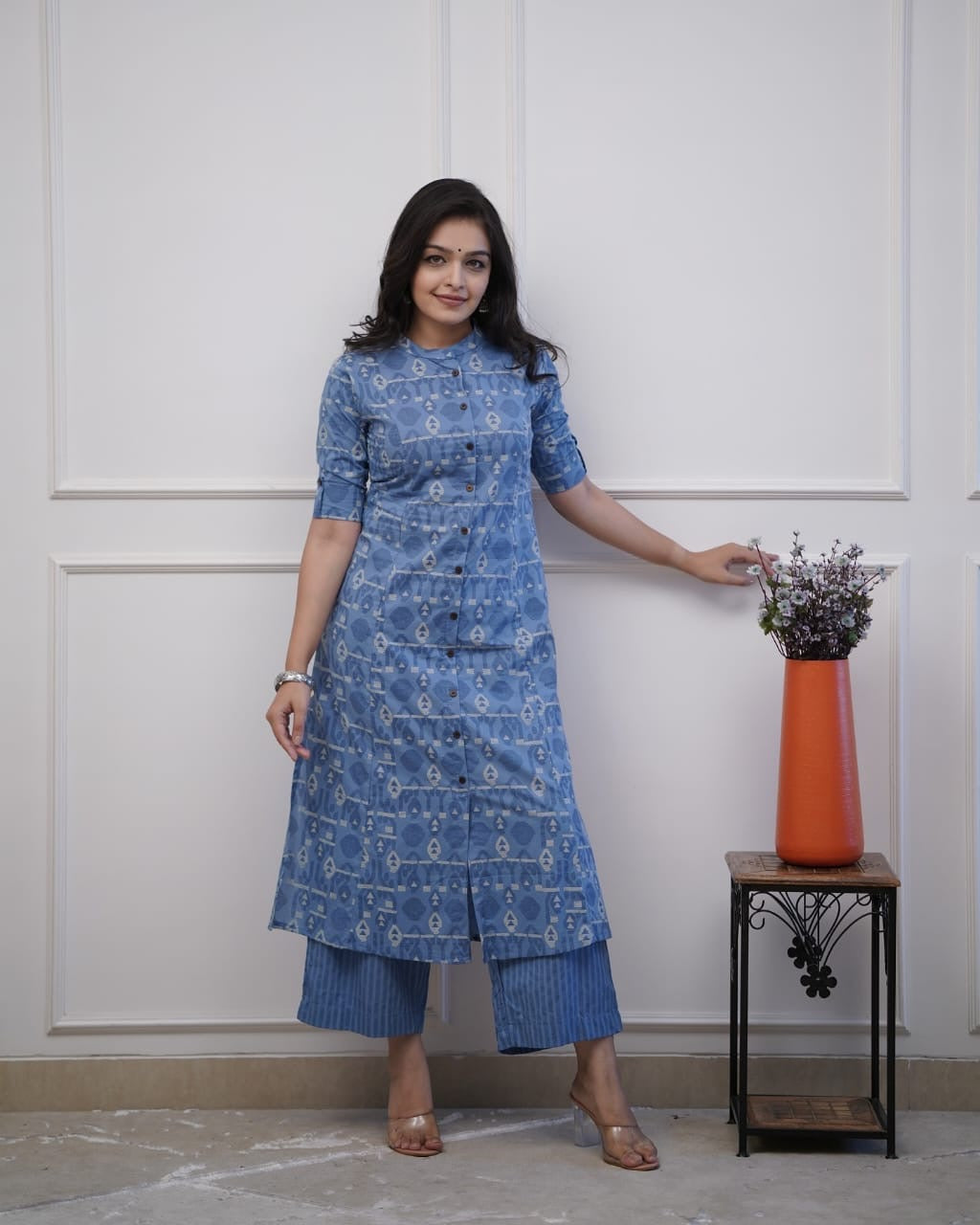 Blue cotton printed kurti plazzo set