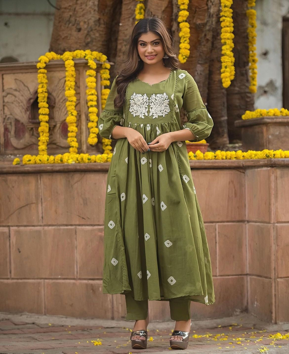 Stylish long slit embroidered kurti pant set