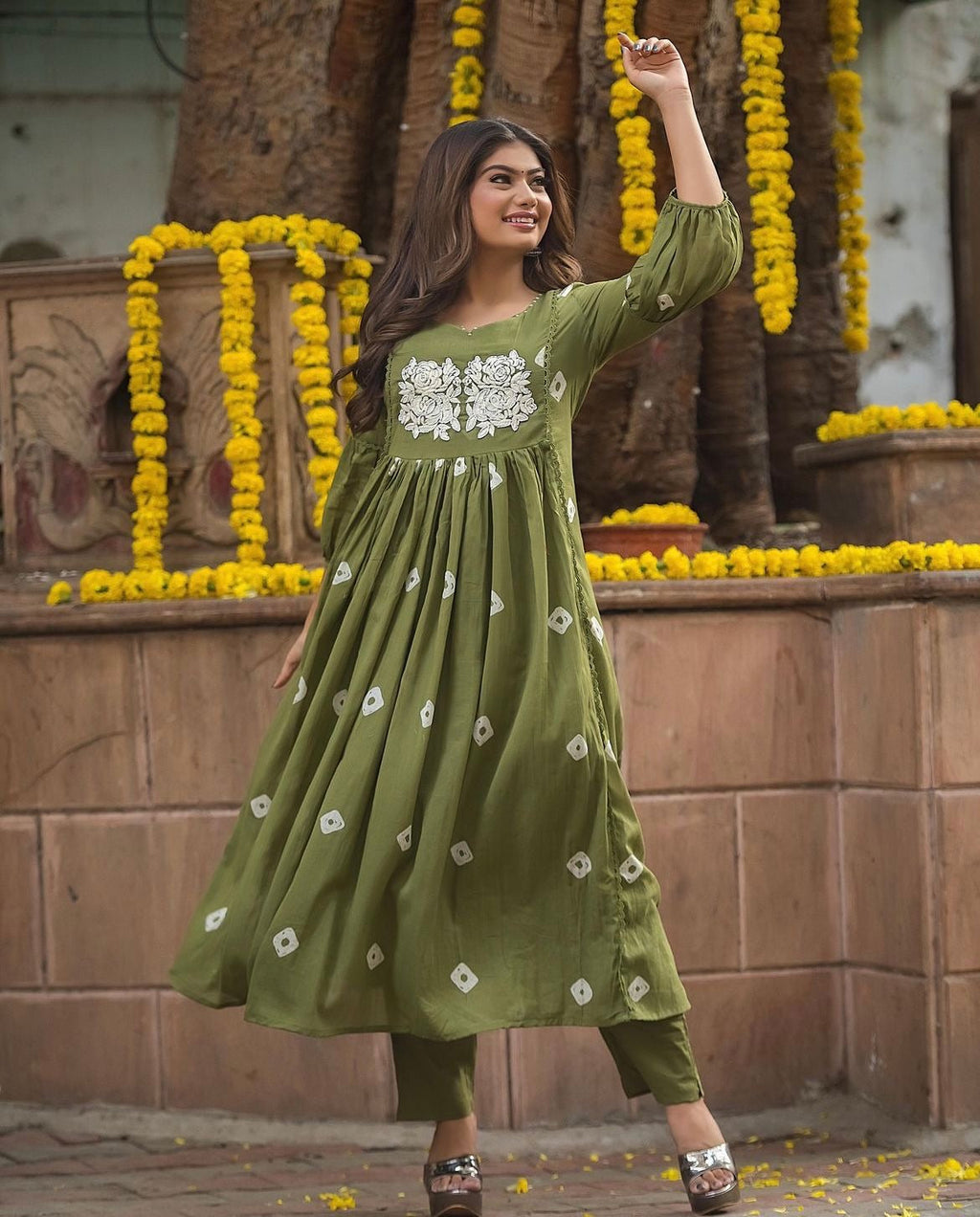 Stylish long slit embroidered kurti pant set