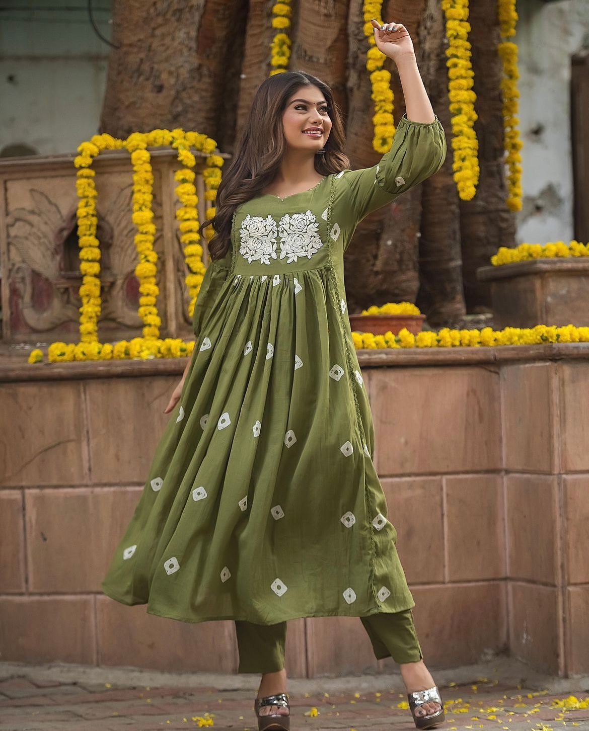 Stylish long slit embroidered kurti pant set