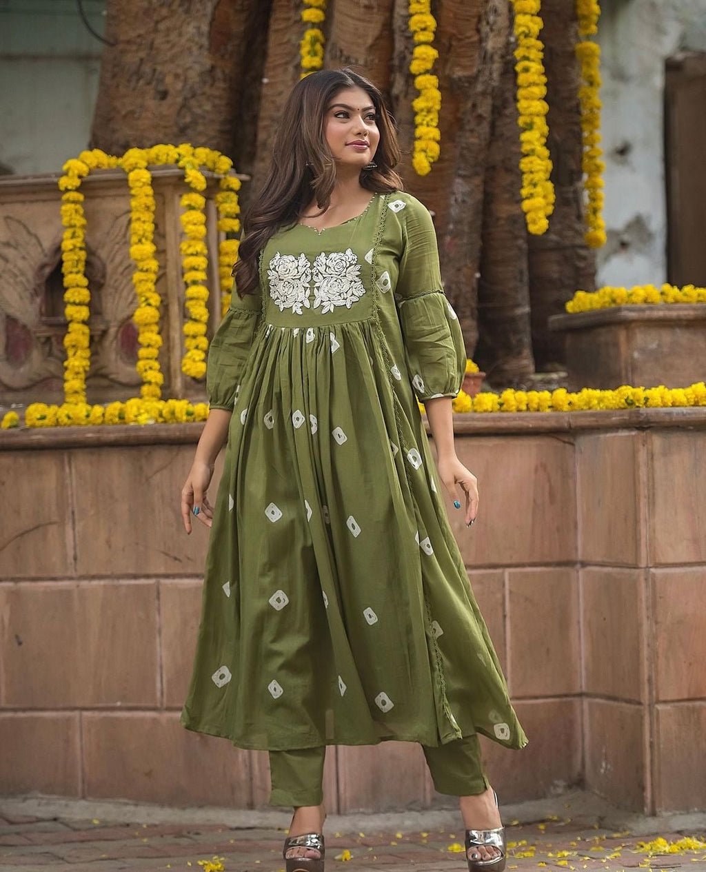 Stylish long slit embroidered kurti pant set