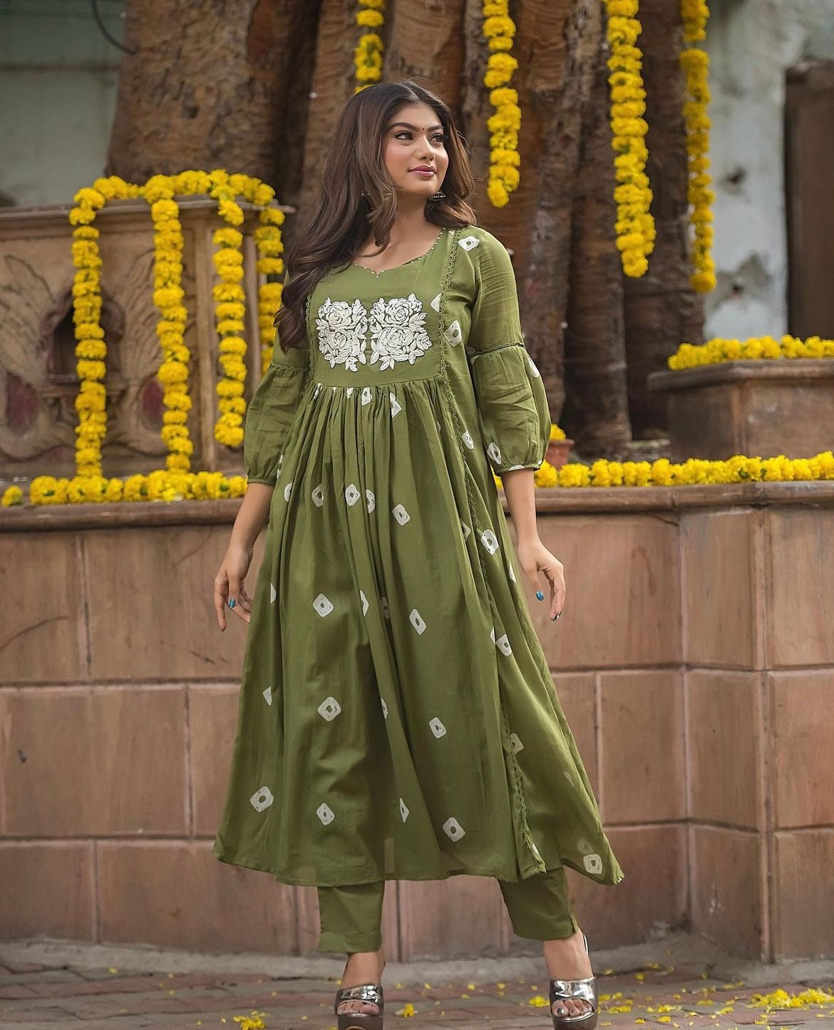 Stylish long slit embroidered kurti pant set