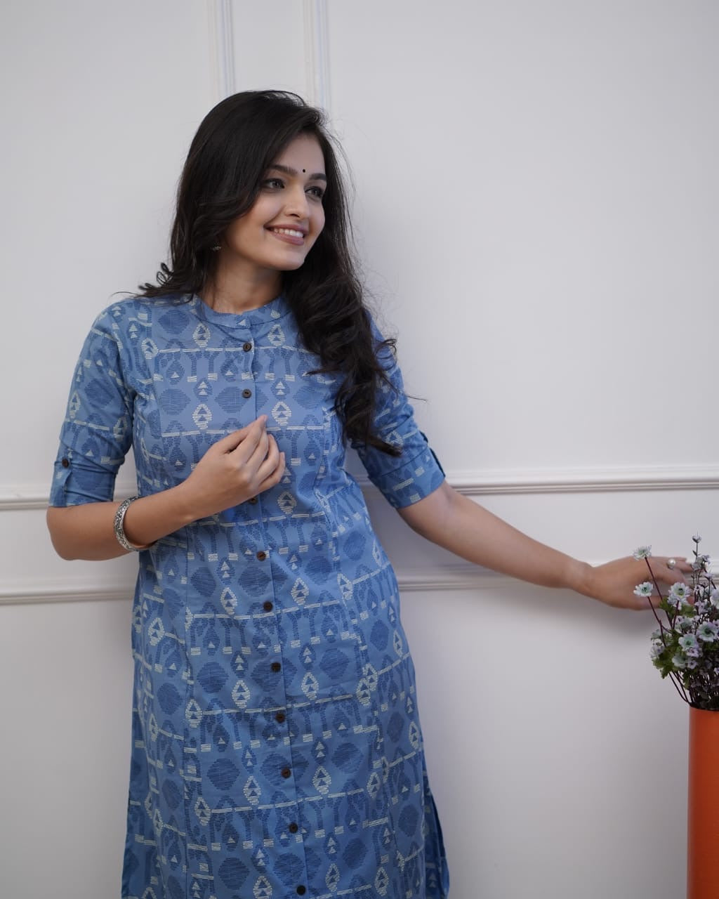 Blue cotton printed kurti plazzo set