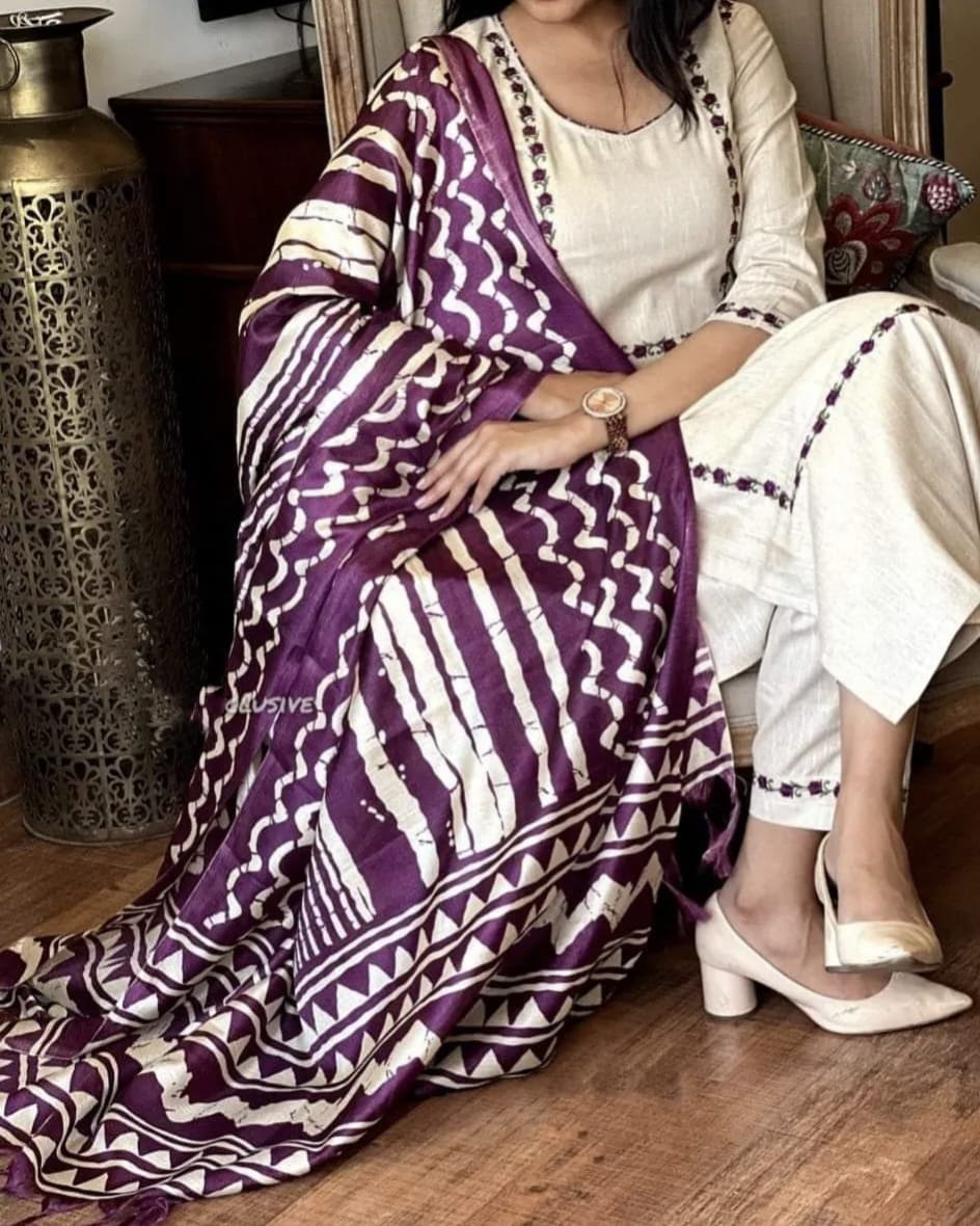 WHITE AND PURPLE HANDLOOM COTTON KURTA PANT AND KHADI SILK IKKAT PRINT DUPATTA  SET
