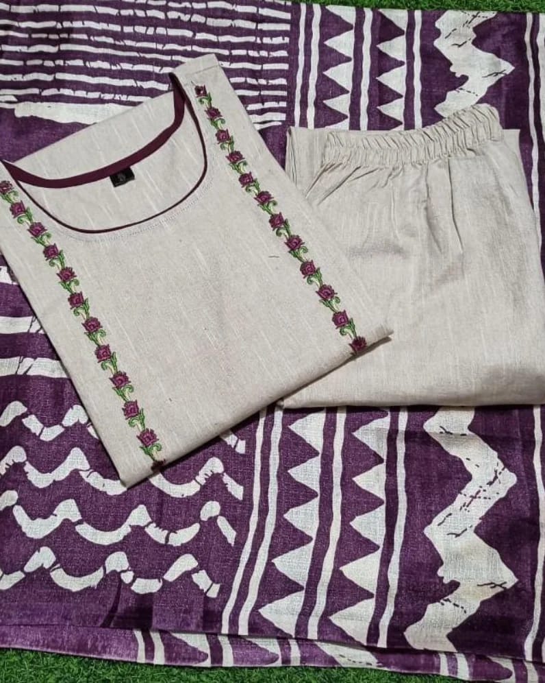 WHITE AND PURPLE HANDLOOM COTTON KURTA PANT AND KHADI SILK IKKAT PRINT DUPATTA  SET