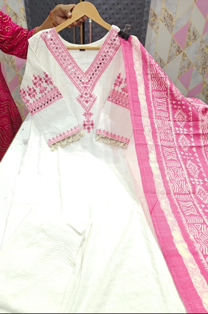 WHITE  COTTON EMBROIDERED  KATHA SUITE SETS