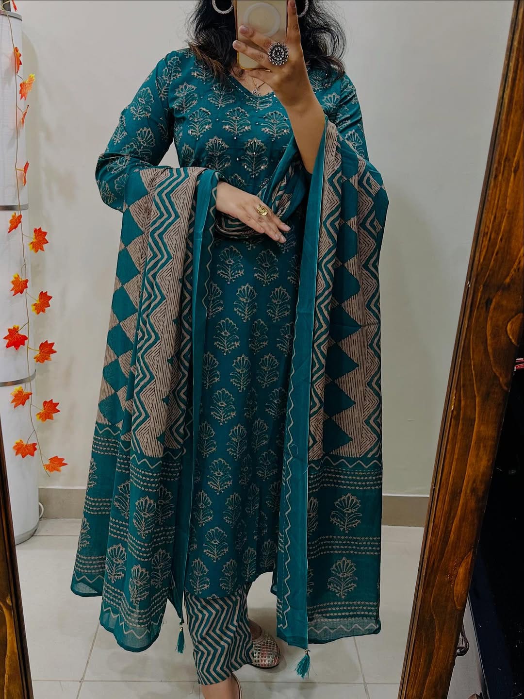 Jaipuri Cotton Charm – Handwork Kurti Set with Malmal Dupatta