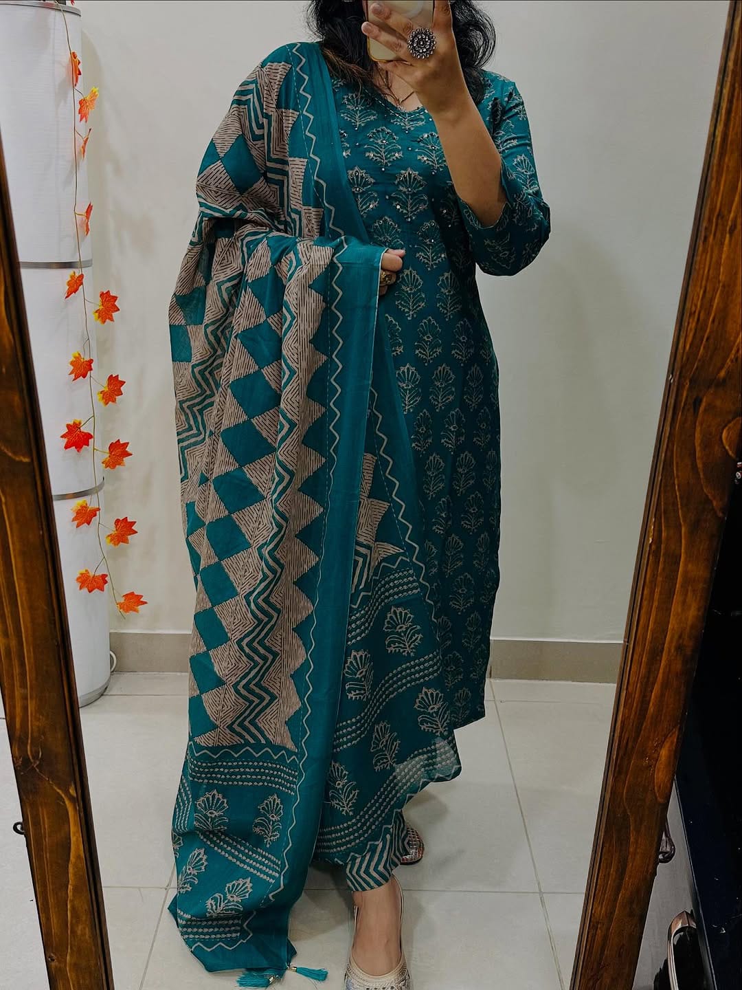 Jaipuri Cotton Charm – Handwork Kurti Set with Malmal Dupatta