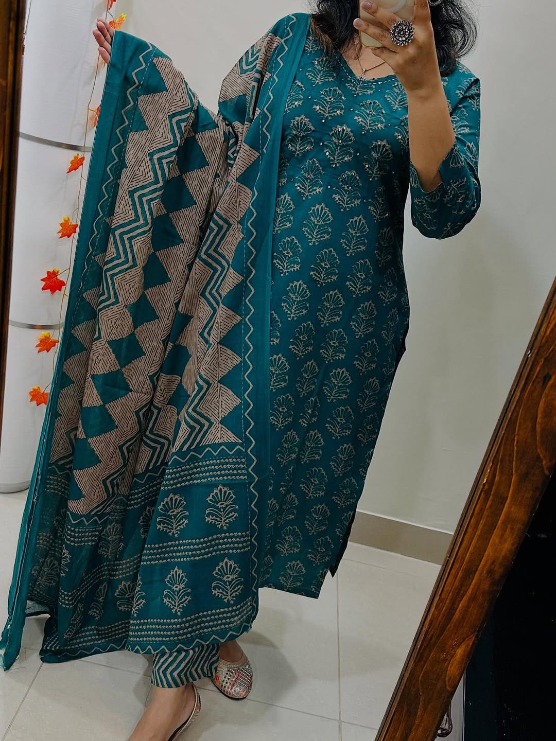 Jaipuri Cotton Charm – Handwork Kurti Set with Malmal Dupatta