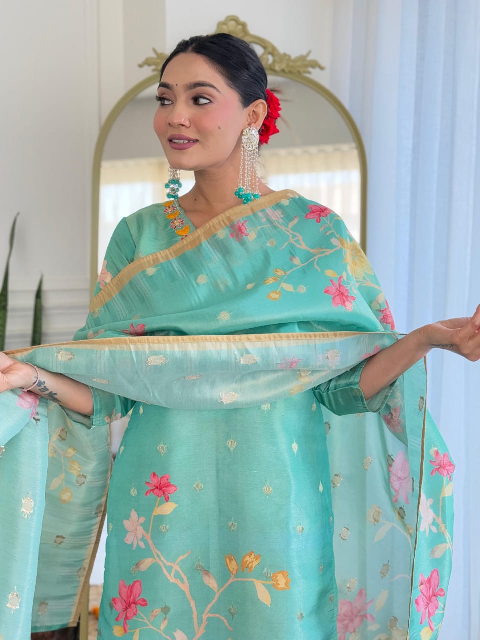 "Shine in Tradition: Designer Kurti Set with All-Over Jacquard Magic